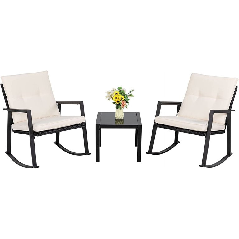 Walsunny 3 Pieces Outdoor Patio Conversation Set Modern Rocking Rattan Bistro Chair Beige | Walmart (US)