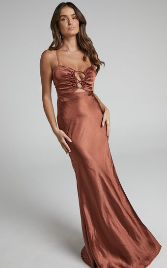 Mireille Bias Cut Cross Back Satin Maxi Dress in Rust | Showpo (US, UK & Europe)