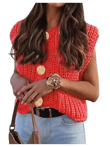 Floerns Women's Chunky Knit Sweater Vest Button Front Sleeveless Pullover Top Red Large | Amazon (US)