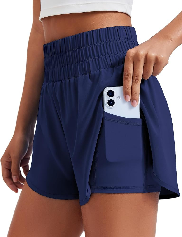 PINSPARK Women's 2 in 1 Running Shorts High-Split Athletic Short High Waisted 3" Liner Workout Gy... | Amazon (US)