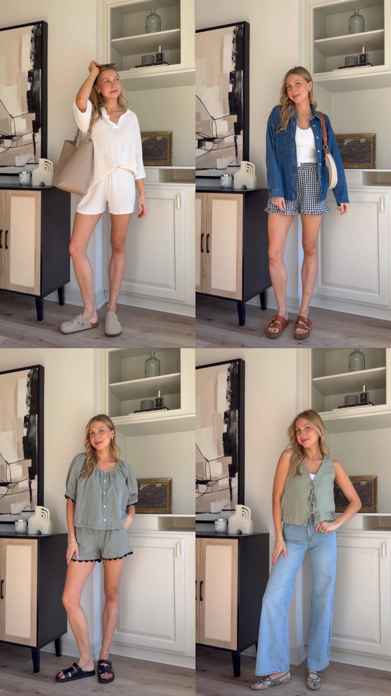 Cute but comfy everyday mom outfits | M matching set, M in shorts, S tee + M denim shirt, M gingham set, S in tie top, M in sports bra + 27 in denim 

 #LTKootd