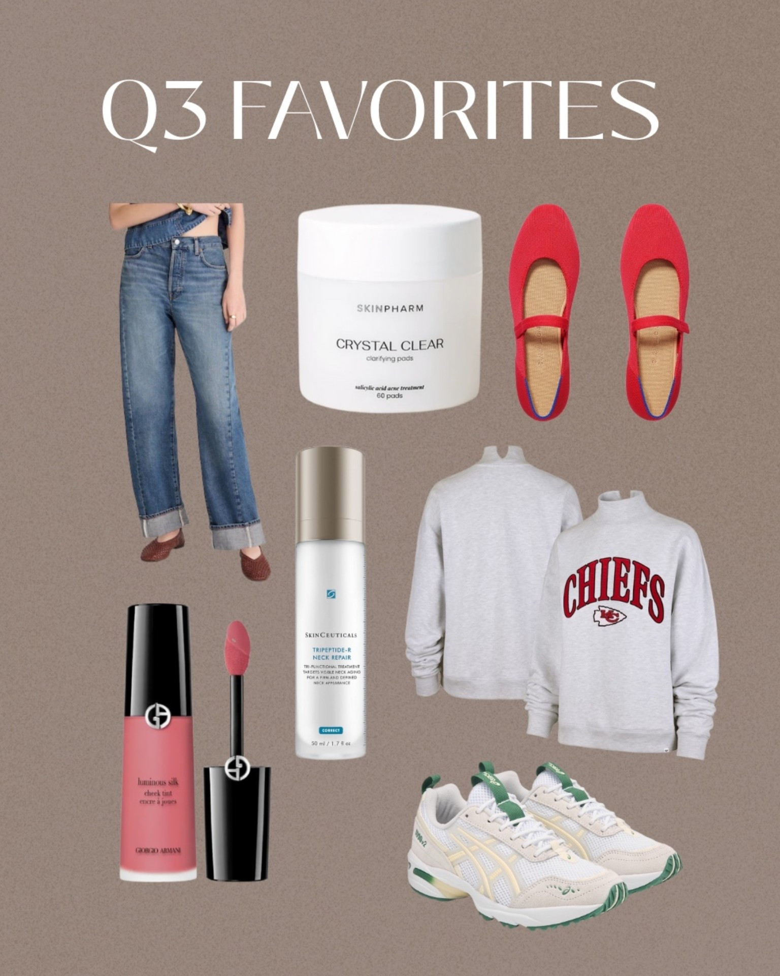 •Madewell jeans / barrel leg jeans - size down 
• Skin Pharm Peel Pads 
•Rothy’s red flats / Mary Jane’s 
- runs tts
• Skinceuticals neck cream 
• chiefs sweatshirt w mock neck 
- have a large 
• asics tennis shoes 
- run true to size 
• Georgio Armani liquid blush 
- shade delicate mauve 

#LTKBeauty #LTKShoeCrush #LTKActive