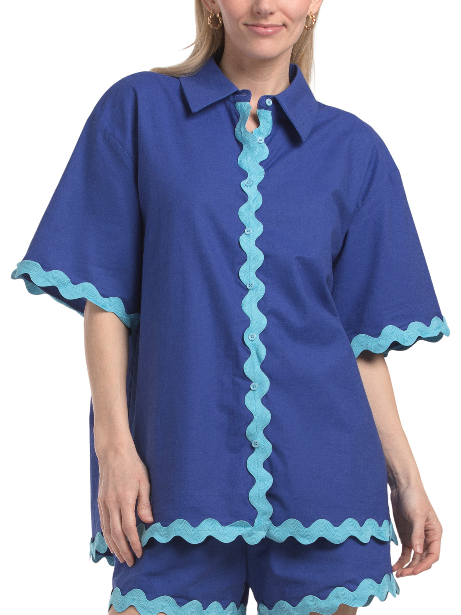 Linen Blend Scalloped Trim Short Sleeve Shirt | TJ Maxx