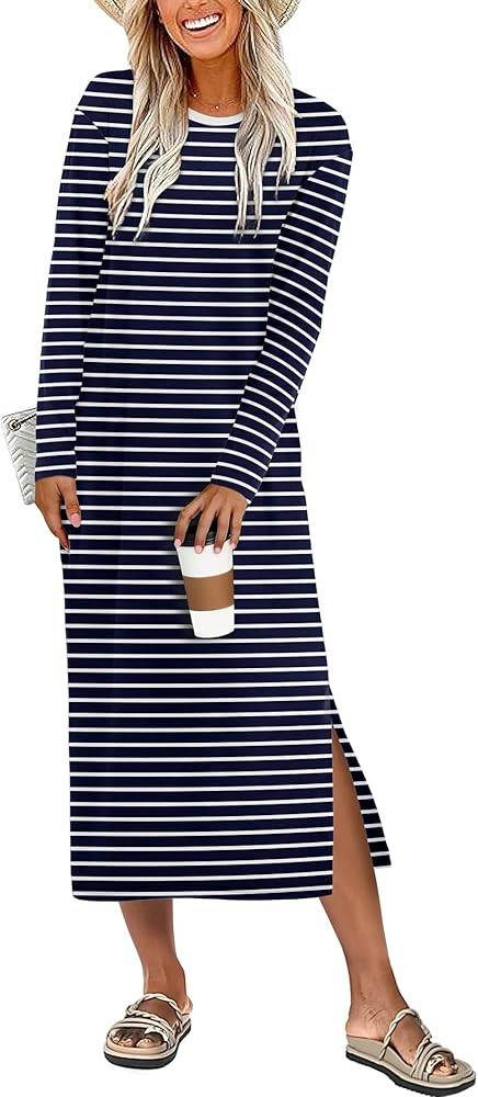 ANRABESS Long Sleeve Midi Dresses for Women Fall Fashion Casual Vacation Crewneck Loose Split Str... | Amazon (US)