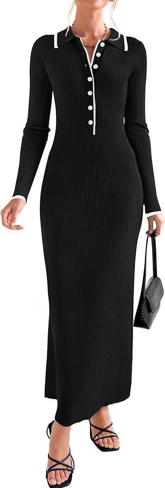 ZESICA Women's Long Sleeve Sweater Dress 2024 Fall V Neck Ribbed Knit Casual Formal Cocktail Body... | Amazon (US)
