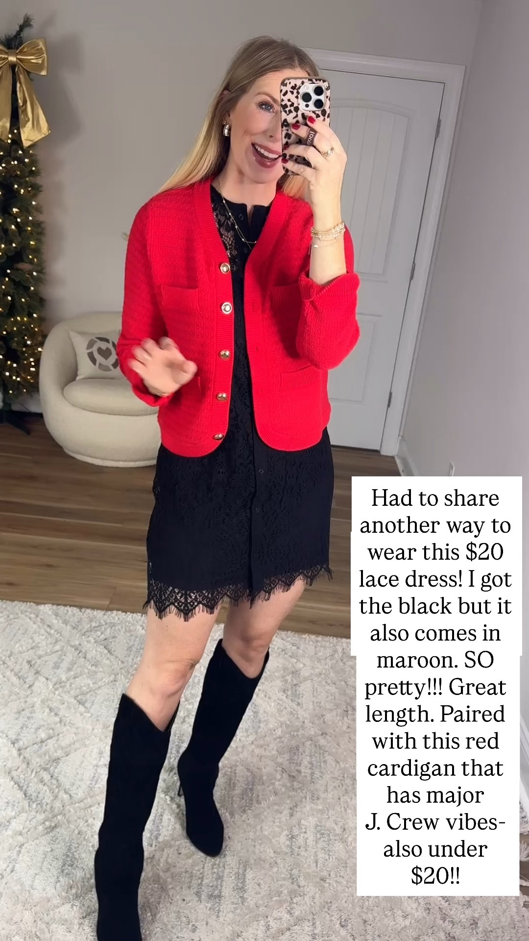 Walmart try on, time and tru, lace dress, red cardigan with gold buttons 

Small in both 

#LTKSaleAlert #LTKHoliday #LTKFindsUnder50