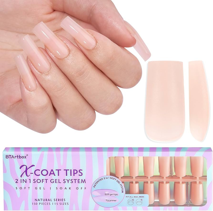 BTArtbox Long Square Gel Nail Tips - Pre Colored Soft Gel Nail Tips, Press on Nails Natural XCOAT... | Amazon (US)