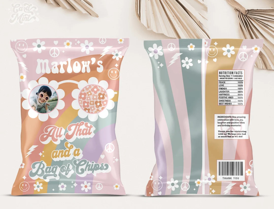 Groovy Birthday Chip Bag Template, VW Van Retro Invites, with Photo Flower Sunglasses Daisy Smile... | Etsy (US)