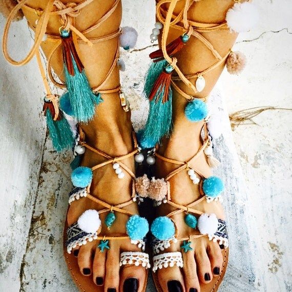 Boho sandals ,tie up, Greek leather "Bombay" ,tassels,pompoms,semiprecious stones,shells,oysters, ta | Etsy (US)