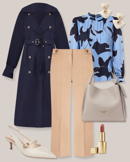 Ann Taylor outfit
Business casual outfit
Spring work outfit
Navy trench coat
Blue floral blouse
Camel pants
Tan pants
Work pants
Taupe bag
White heels
White kitten heels
Pink lipstick

#LTKstyletip #LTKSeasonal #LTKworkwear