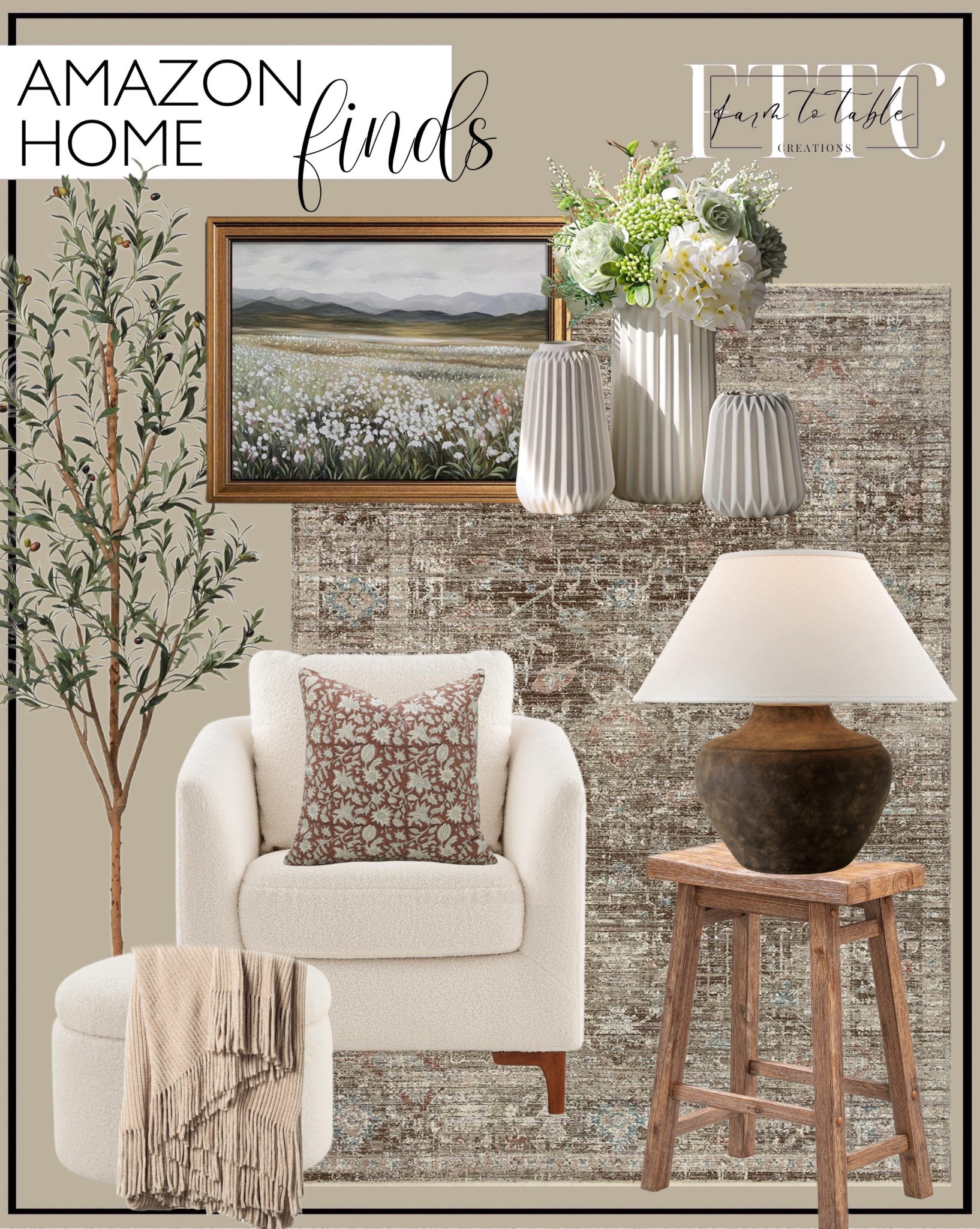 Amazon Home Finds. Follow @farmtotablecreations on Instagram for more inspiration.

COLAMY Sherpa Accent Chair with Storage Ottoman Set, Upholstered Barrel Club Arm Chair with Footrest, Modern Living Room Chair with Back Pillow and Wooden Legs for Bedroom, Corner, Reading Nook. Magnolia Home by Joanna Gaines x Loloi Millie MIE-03 Collection Charcoal / Dove. Boraam Sonoma, Barnwood Wire-Brush, 24-Inch. Gold Framed Vintage Wall Art Wildflowers Field Canvas Wall Art. Kazeila Artificial Olive Tree 7FT Tall Faux Silk Plant for Home Office Decor Indoor Fake Potted Tree. White Ceramic Vase -Set of 3 Modern Home Decor. Fluted Vase. Troy Lighting Calabria - 20.5 Inch Table Lamp with Shade. lifein Throw Blanket for Couch. Fabritual Boho Floral Block Print Cotton 18"x18" Throw Pillow Covers. Amazon Deals. Amazon Home. Amazon Limited Time Deals. Amazon Home Decor  


#LTKHome #LTKSaleAlert #LTKFindsUnder50