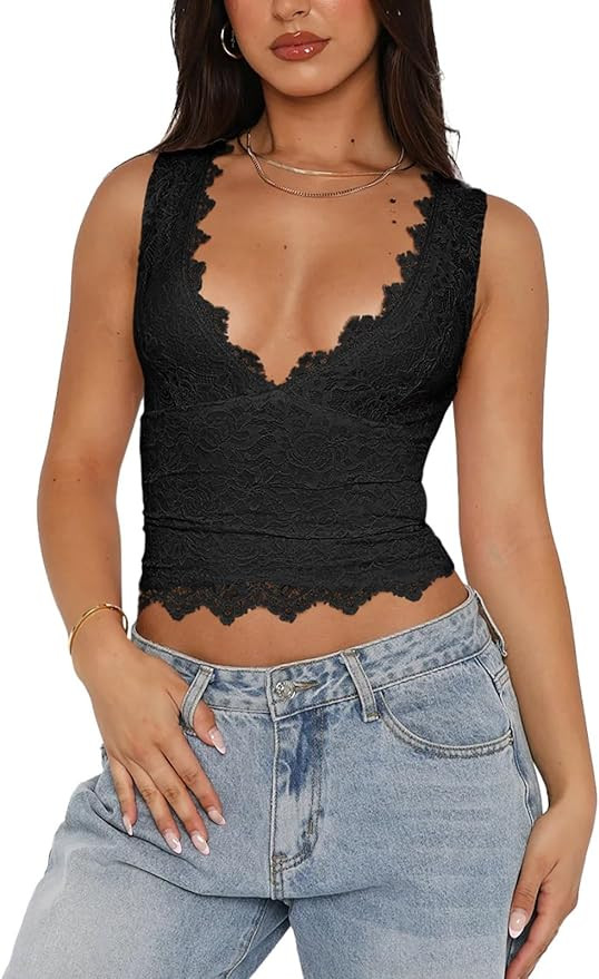 REORIA Womens Sexy V-Neck Sleeveless Double Lined Going Out Y2K Trendy Lace Cropped Tank Tops | Amazon (US)
