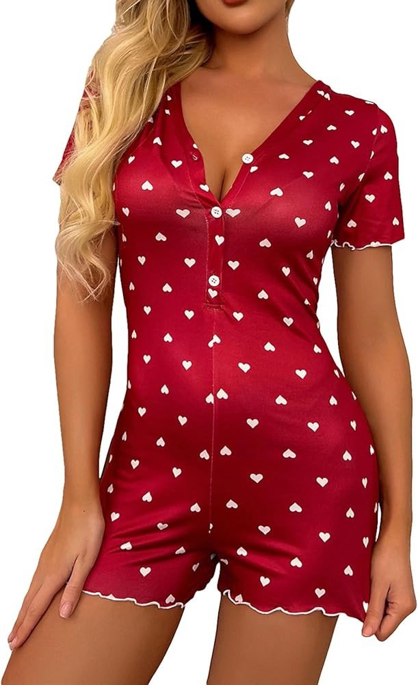 SHENHE Women's V Neck Short Sleeve Romper Playsuit Bodysuit Onesie Pajama Button Up Romper | Amazon (US)