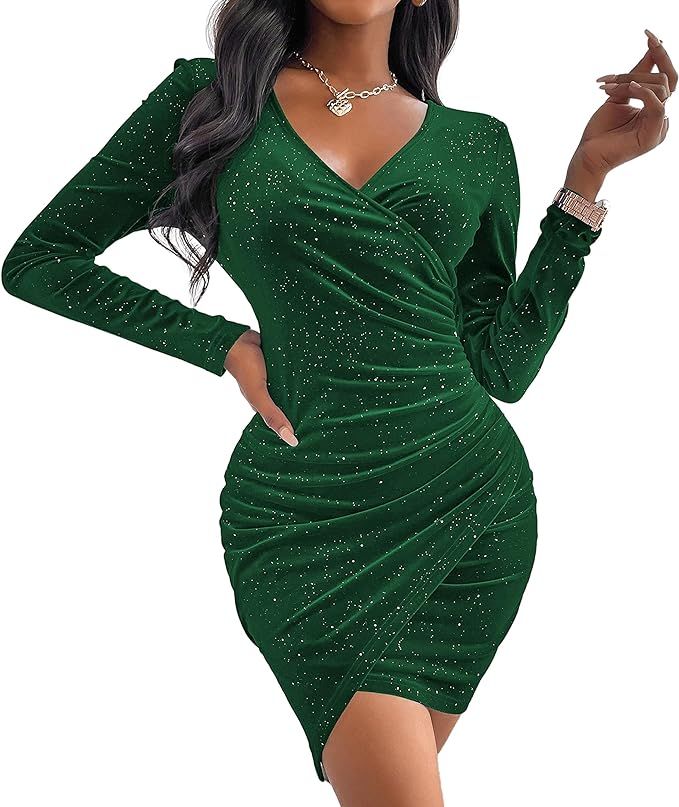 Sexyasasii Women's Mini Wrap Dress V Neck Long Sleeve Velvet Bodycon Glitter Ruched Cocktail Party D | Amazon (US)