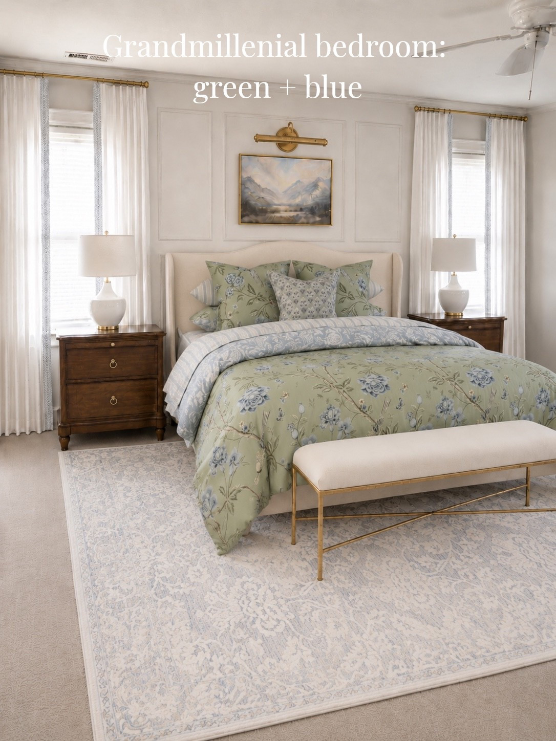 Grandmillenial green bedroom design. Alternating soft whites, creams, greens, blues and antique brass creates this traditional meets modern style. It’s the type of combo you see featured and perfected in Nancy Myers movies, but on an Amazon budget. 

#amazonhome #potterybarn #wayfair

#LTKHome