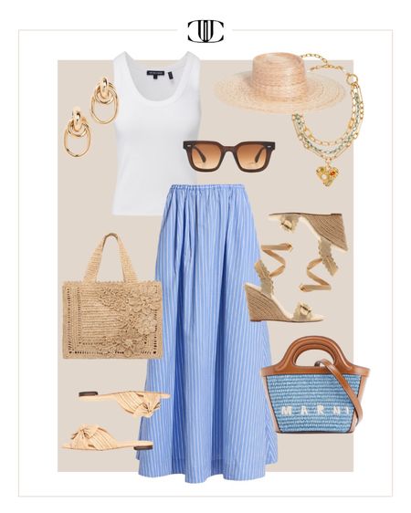 A great capsule wardrobe look that you can mix and match with other pieces from your closet. 

Summer capsule, capsule wardrobe, casual look, tank top, skirt, maxi skirt, sandals, wedge sandals, bag, tote, necklace earrings, sunglasses

#LTKstyletip #LTKover40 #LTKshoecrush