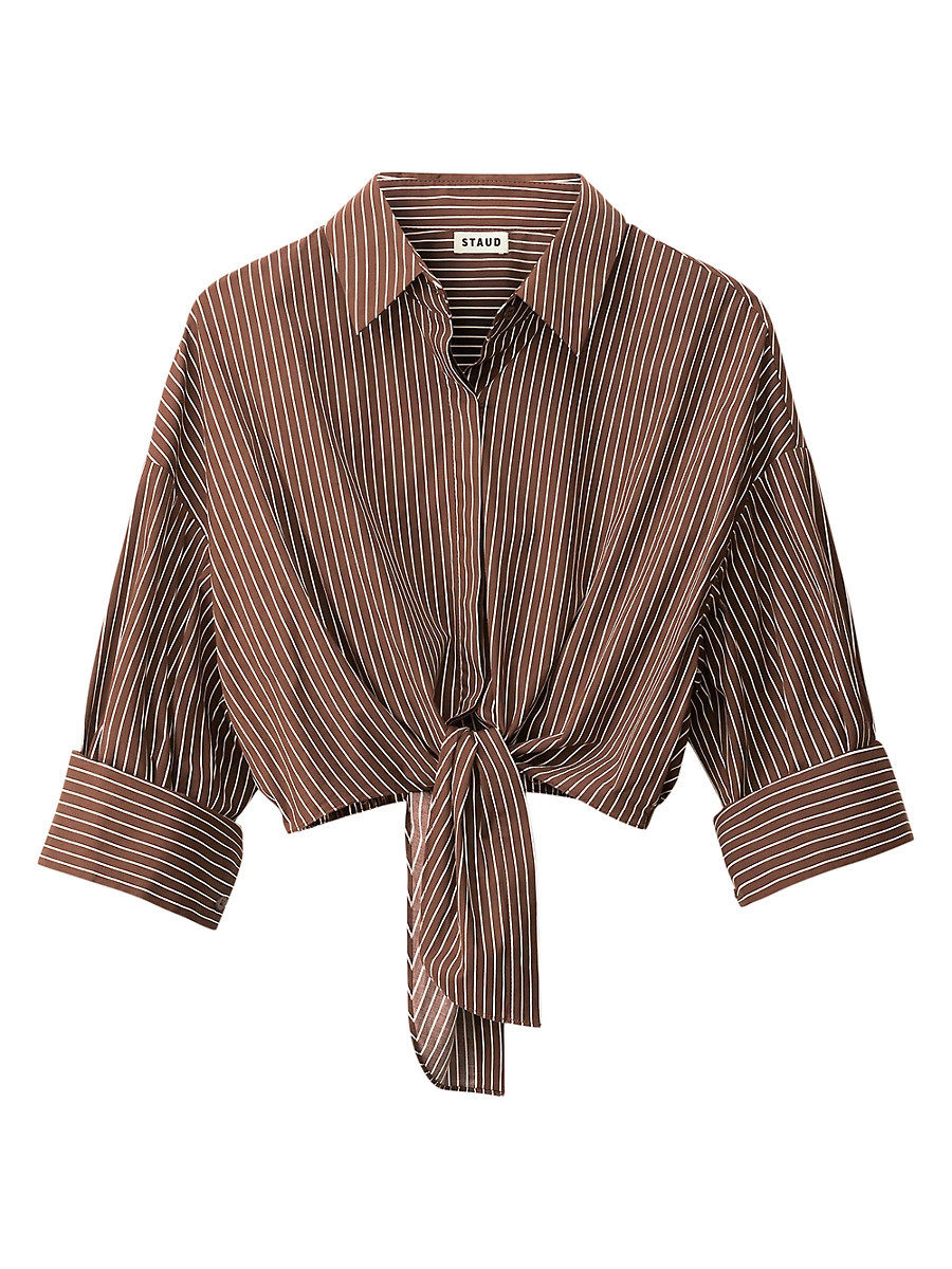 Women's Lisa Tie-Waist Striped Top - Dark Oak Micro Stripe - Size Large | Saks Fifth Avenue