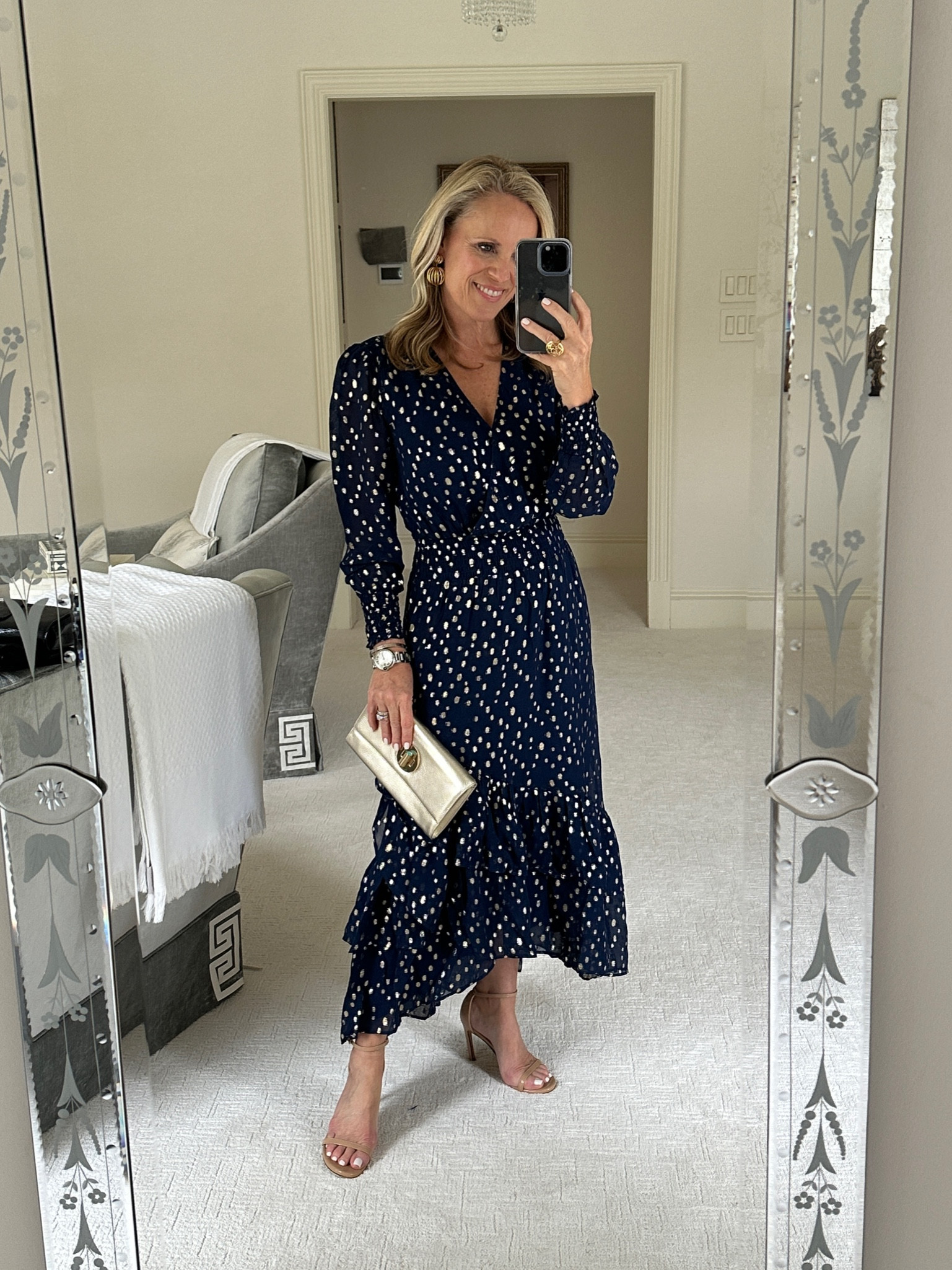 NYE dress
Blue and gold Lilly Pulitzer ruffle high low maxi dress 
Gold clutch 

#LTKSeasonal #LTKHoliday #LTKstyletip