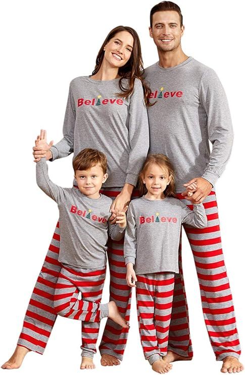 IFFEI Family Matching Pajamas Set Christmas PJ's Sleepwear Believe Printed Top with Striped Botto... | Amazon (US)
