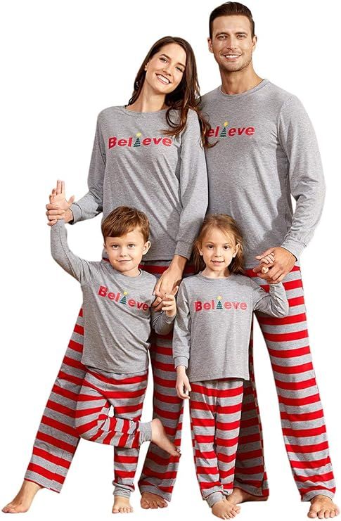 IFFEI Family Matching Pajamas Set Christmas PJ's Sleepwear Believe Printed Top with Striped Botto... | Amazon (US)