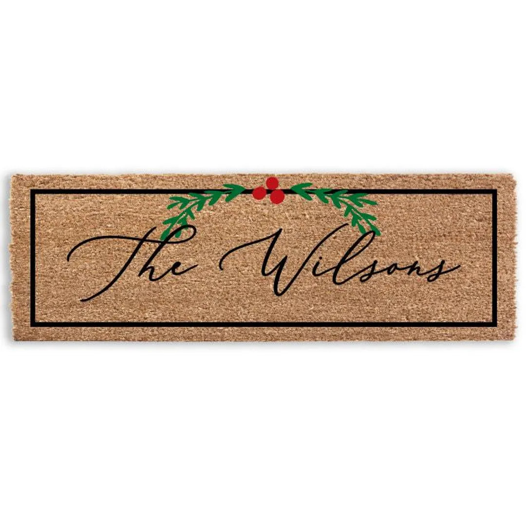 Personalized Name Christmas Holly Doormat, Holiday Red Green Wreath Tree Door Mat, Outdoor Welcom... | Etsy (US)