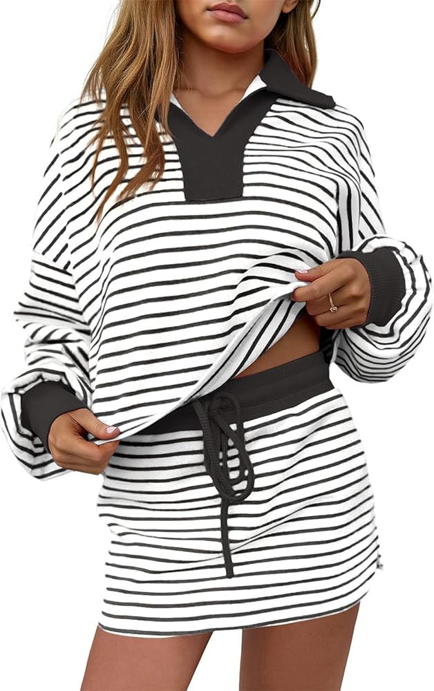 Womens Striped 2 Piece Outfits Long Sleeve Sweatshirt Skirt Sets V Neck Lounge Sets | Amazon (US)