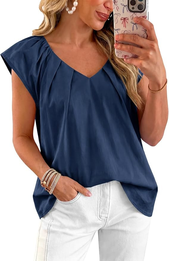 Tankaneo Womens Cap Ruffle Sleeve Tops Summer Dressy Casual V Neck Pleated Blouses Loose Fit Cott... | Amazon (US)