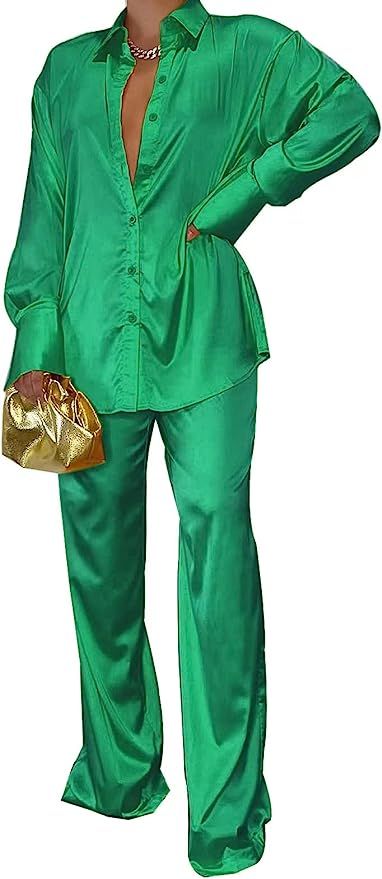 GTMRINJN Womens Silk Satin 2 Piece Outfit Long Sleeve Lapel Button Down Tops Wide Leg Palazzo Lou... | Amazon (US)