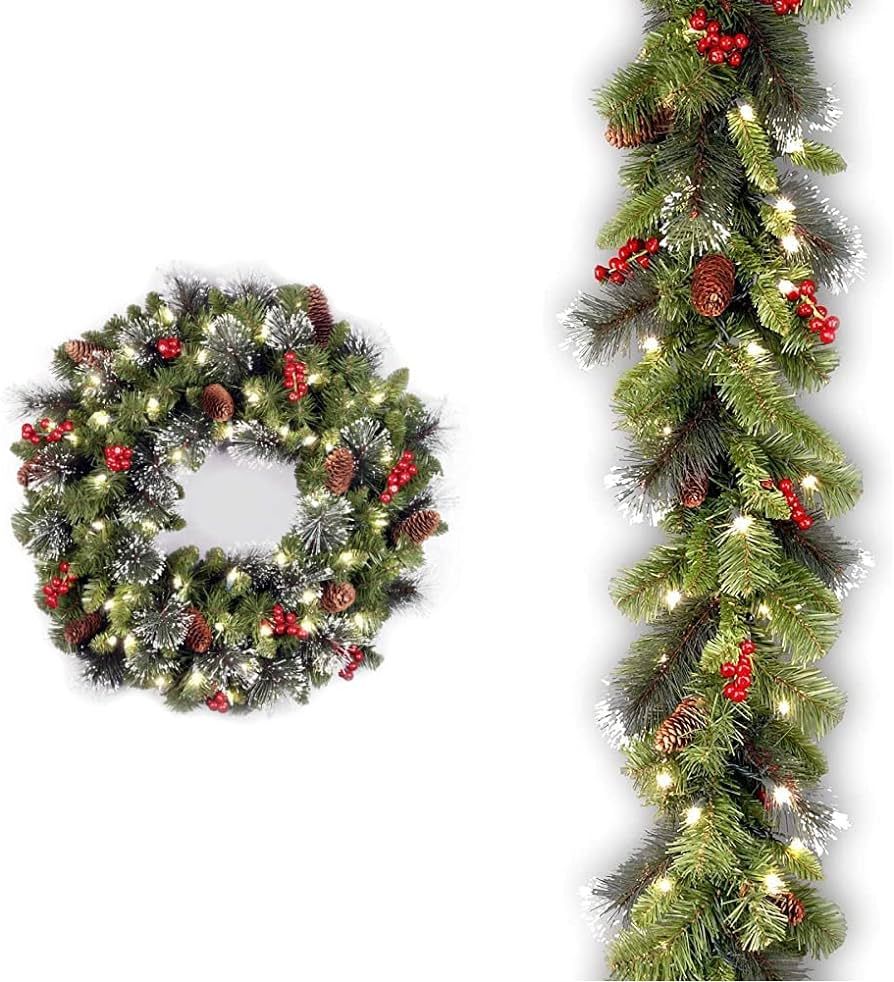 National Tree Company Pre-Lit Artificial Christmas Wreath, Green, Crestwood Spruce, White Lights ... | Amazon (US)