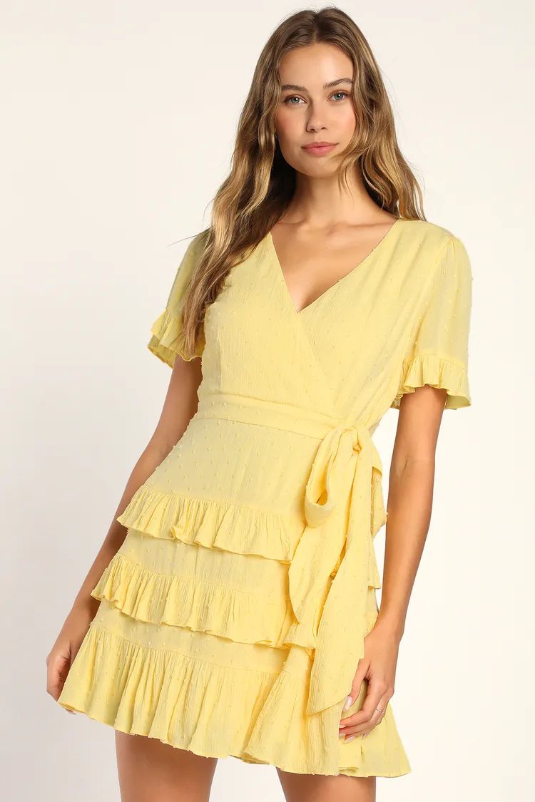 Call Me Cute Yellow Swiss Dot Tiered Faux Wrap Mini Dress | Lulus (US)