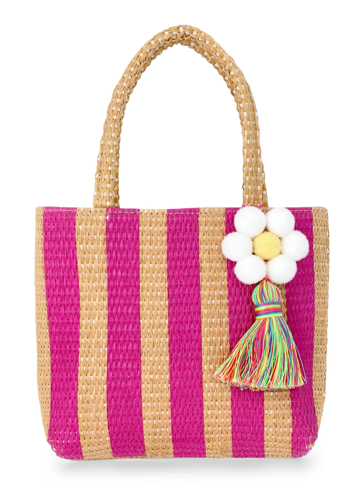Wonder Nation Girls Straw Mini Tote Bag with Daisy Motif, Pink Stripes | Walmart (US)
