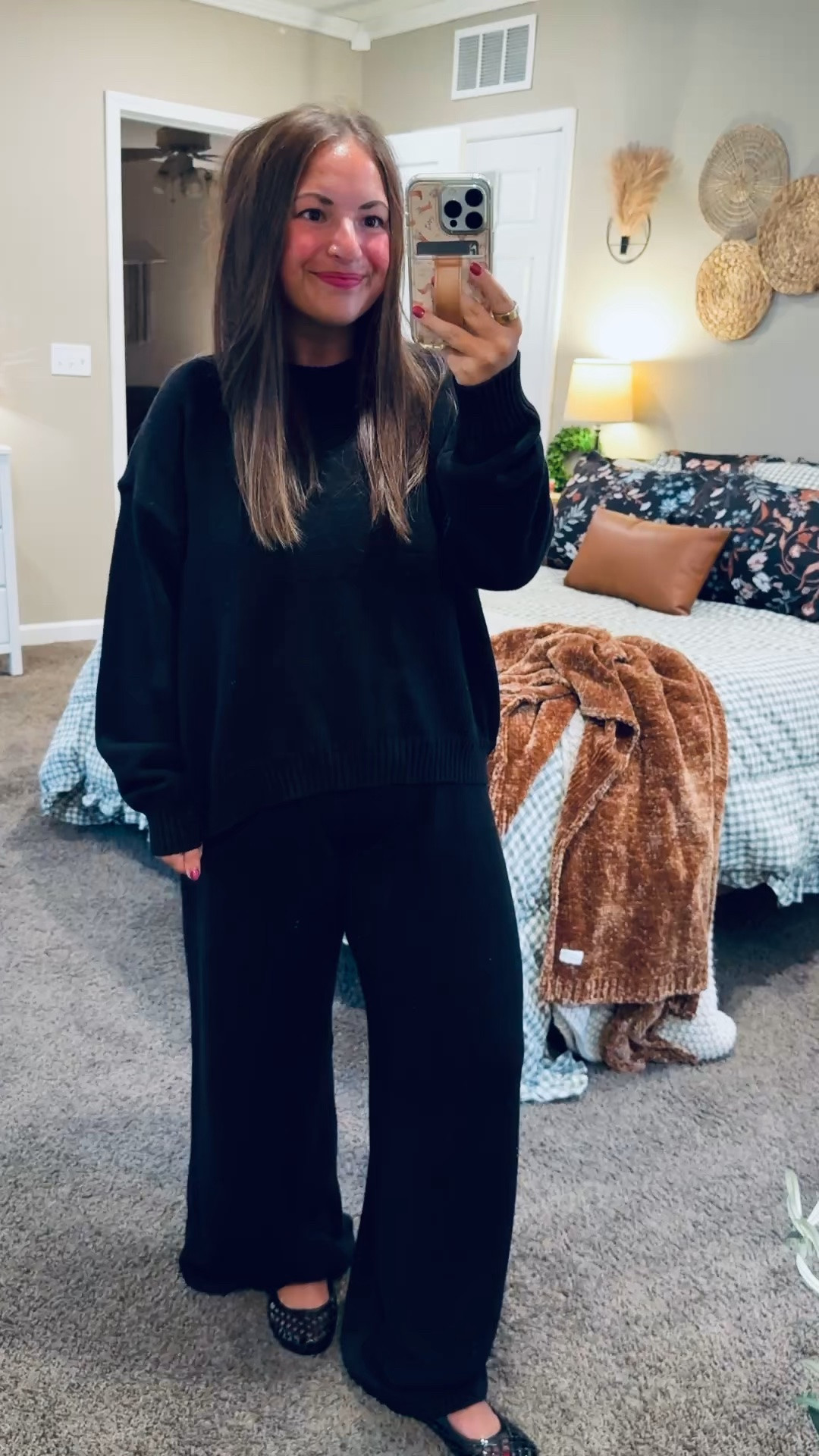 This Target sweater set is so comfy and versatile! 🖤 I dressed it up with flats here, but it would be just as cute with sneakers for a casual day.

jelly flats: fit oversized // wearing a 5
pants: fit oversized // wearing a medium
sweater: fits true to size // wearing a large 

 #LTKootd #LTKMidsize #LTKWorkwear