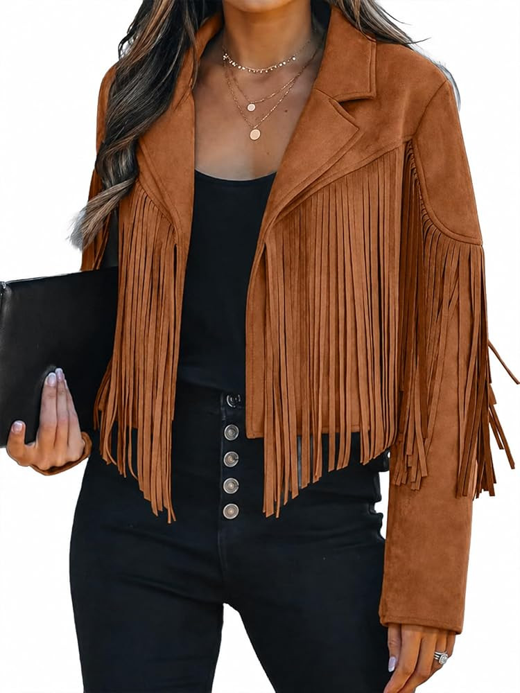 Faux Suede Leather Jackets For Women Trendy Fall Western Fringe Cropped Jacket 2026 Tassel Motorc... | Amazon (US)