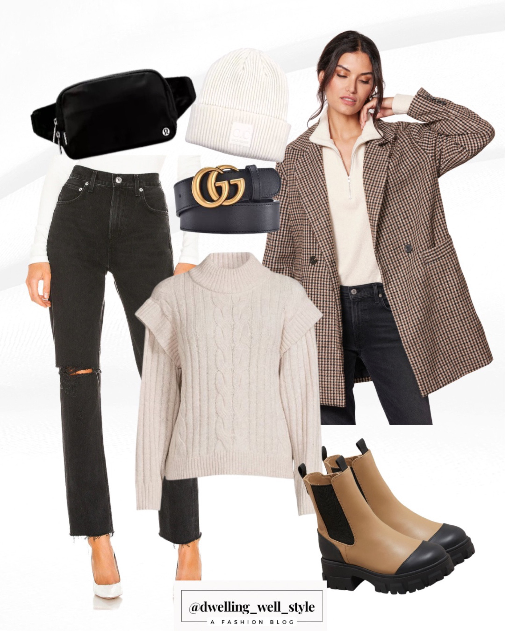 Houndstooth Check Blazer-Coat, Mock Neck Sweater, Distressed Black Straight Jeans, Two-Tone Lug Sole Chelsea Winter Boots, GG Belt, Lululemon Black Belt Bag, Ivory Ribbed Beanie

#LTKSeasonal #LTKstyletip #LTKsalealert