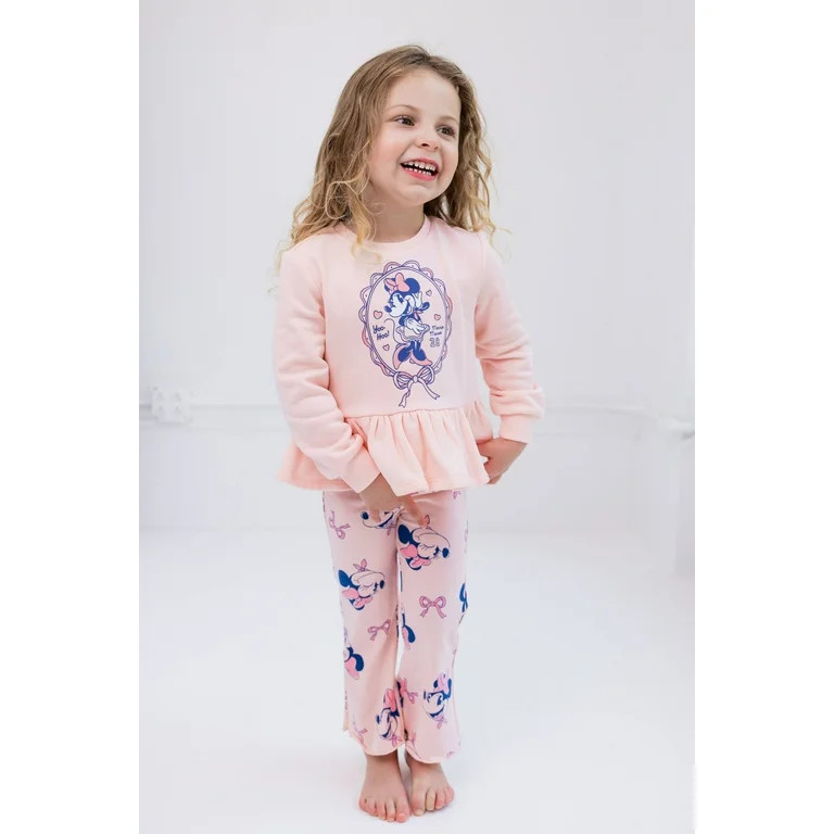 Disney Minnie Mouse Fleece Pullover Peplum Sweatshirt and Ribbed Flare Leggings Outfit Set Toddle... | Walmart (US)