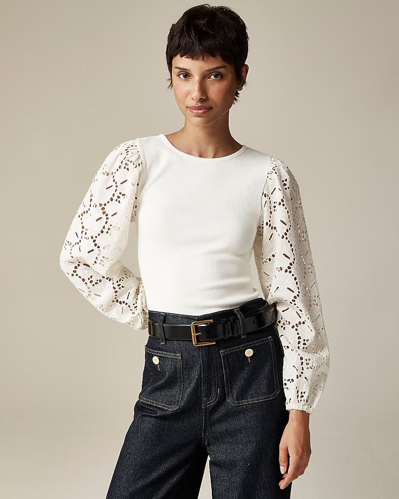 Vintage rib top with cotton poplin eyelet sleeves | J. Crew US