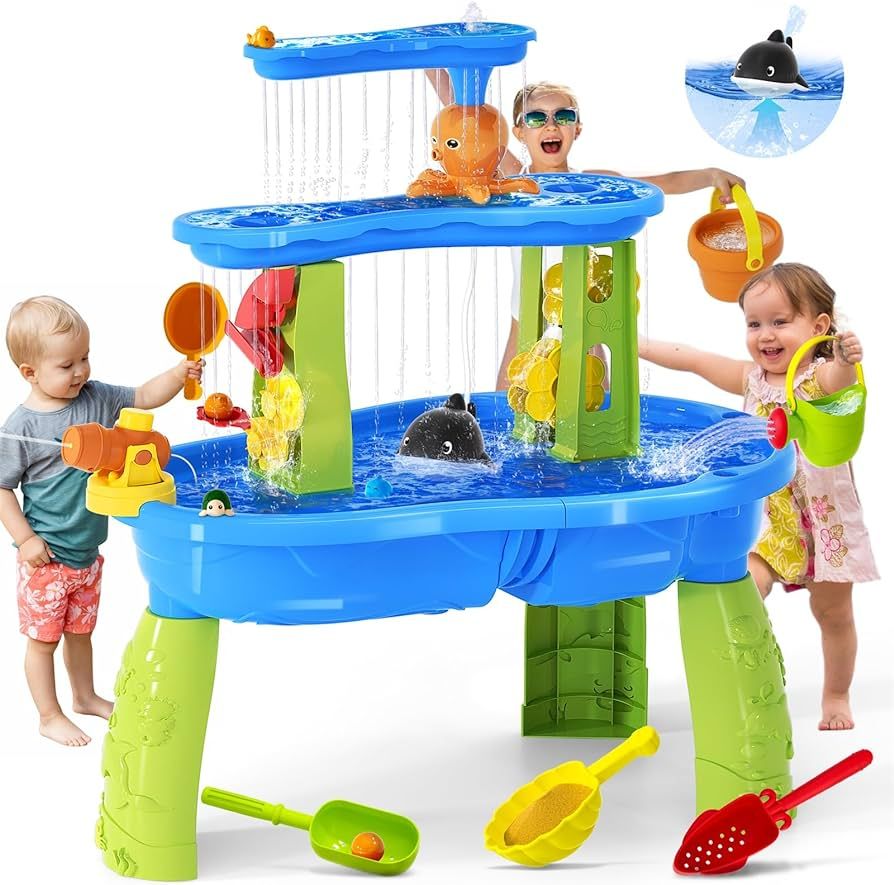 2024 Upgraded Sand Water Table Toys for Kids, 3-Tier & Electric Water Pump Rain Showers Splash Po... | Amazon (US)