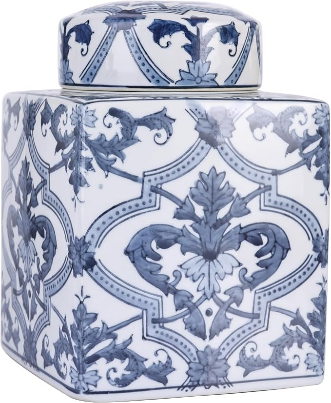 Big Chinoiserie Ginger Jar with Lid—Handmade Blue and White Porcelain Decorative Jar, Square La... | Amazon (US)