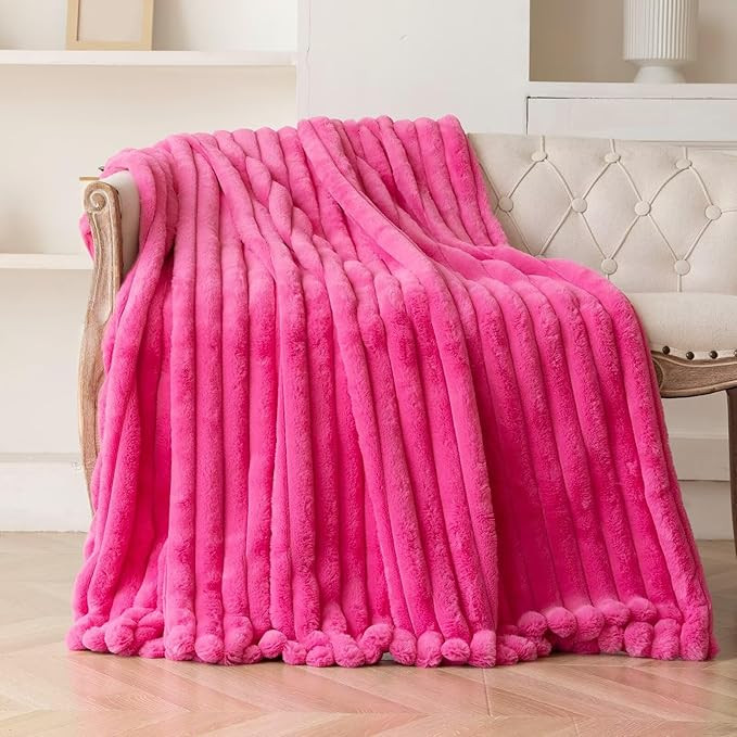 Hot Pink Faux Fur Throw Blanket for Couch, Fuzzy Cozy Soft Warm Plush Striped Throw Blanket, Chri... | Amazon (US)