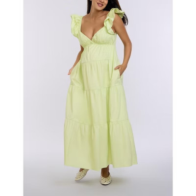 Women's Ruffle Sleeve Tie-Back Maxi Maternity Dress - Soft Lime - Size: Medium - Motherhood Maternity | Target