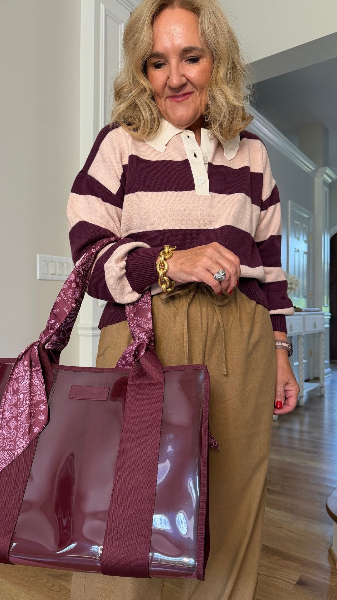 I have to say, I really like the burgundy and camel together here. I’m wearing a medium in the pants and a small petite in the striped blouse.

Jelly tote 20% off code NANETTE20

#LTKootd #LTKWorkwear #LTKOver40