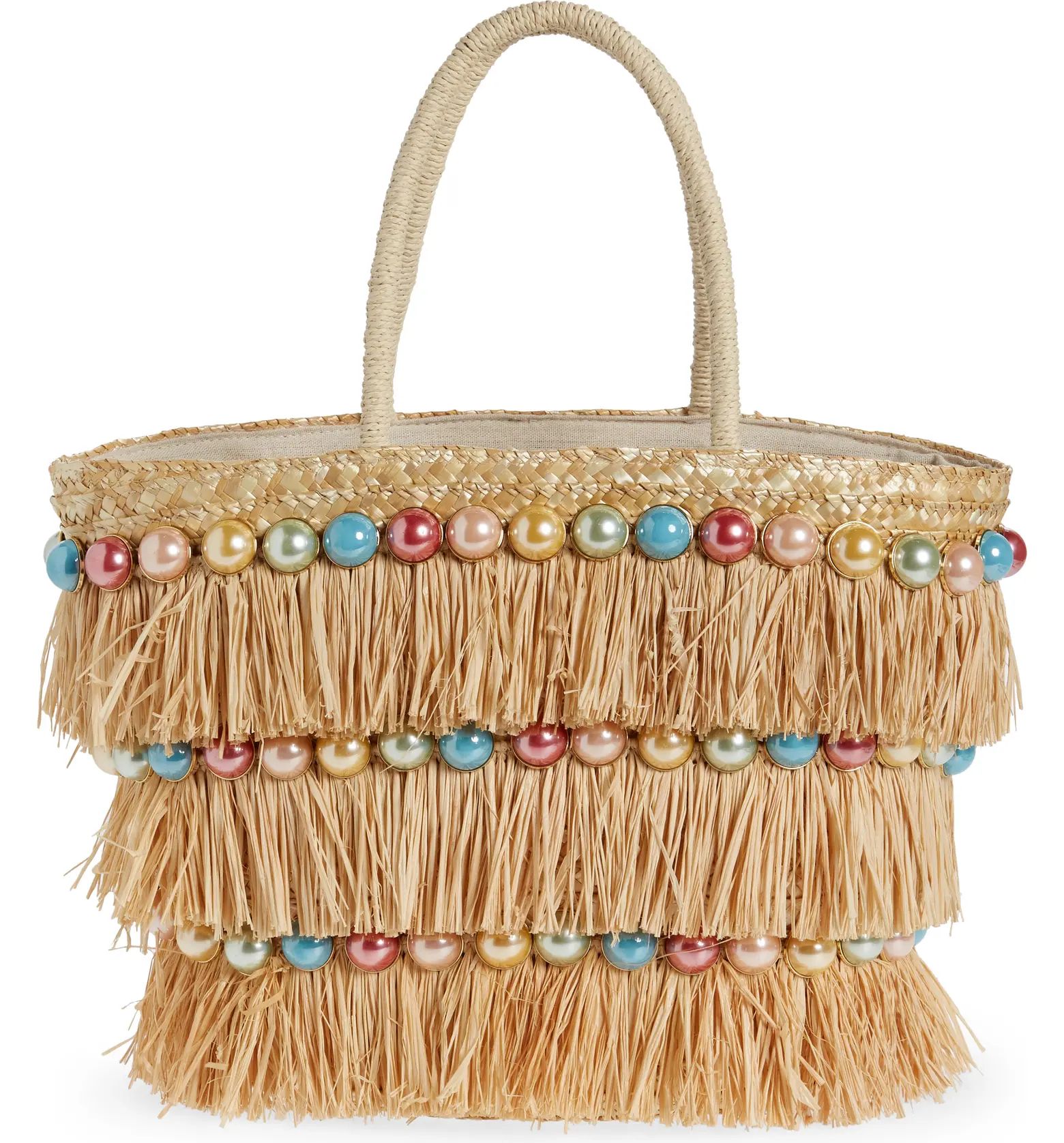 btb Los Angeles Olivia Raffia Fringe & Imitation Pearl Tote | Nordstrom | Nordstrom