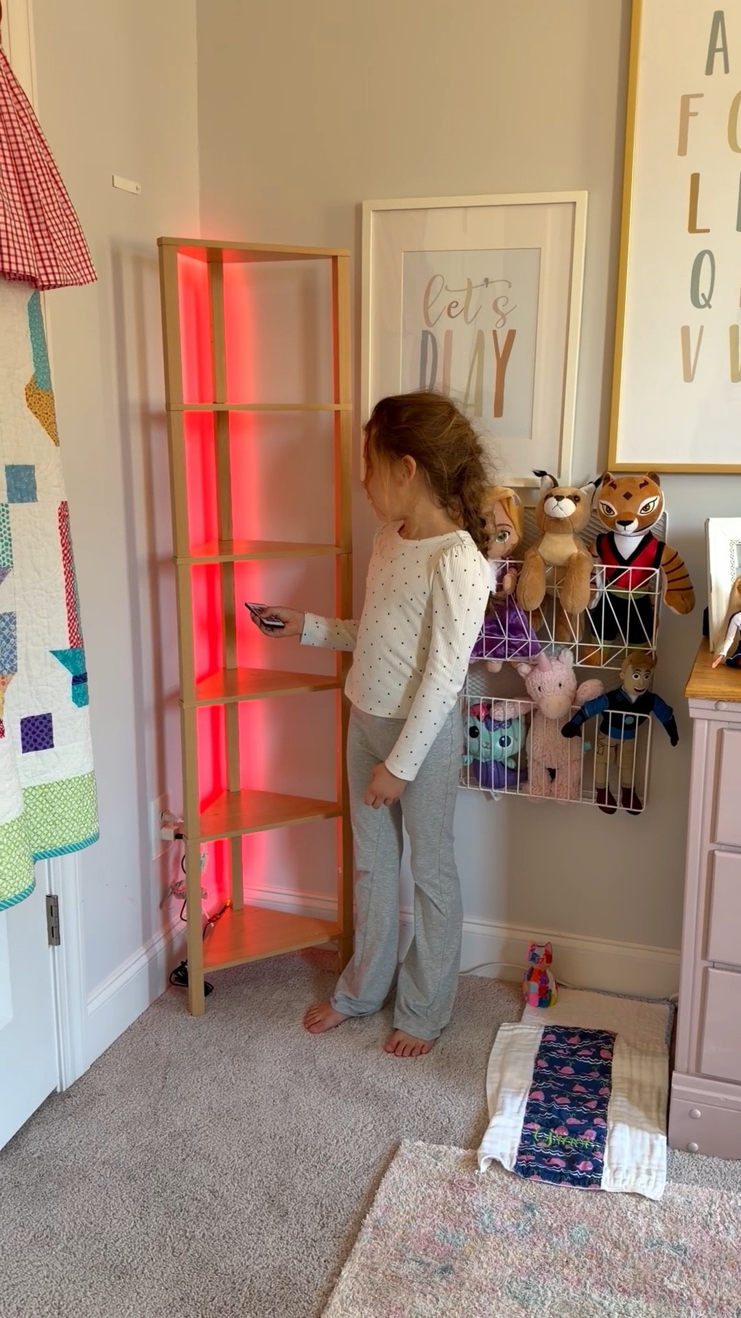 Coolest light changing corner shelf for a kids room. 

Lego or art display. 
Kids room. Girls room. 
Home organization. Wood shelf. Led light shelf. 

#LTKHome #LTKmomlife #LTKKids