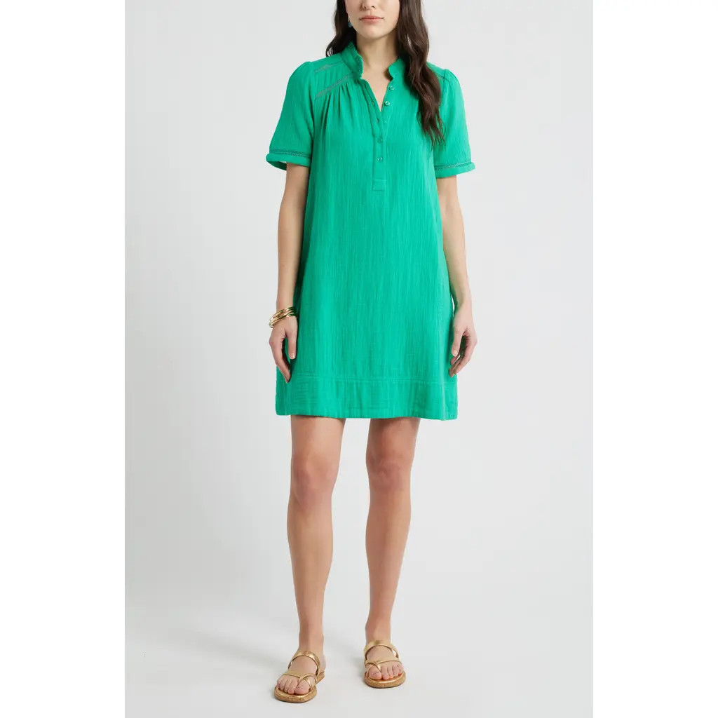 caslon(r) Ruffle Embroidered Inset Cotton Shift Dress in Green Ease at Nordstrom, Size Large | Nordstrom
