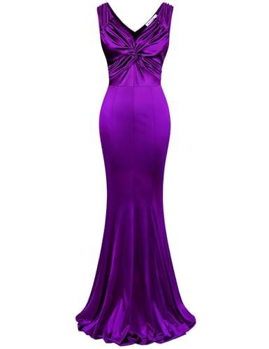 MUXXN Bodycon Dress for Women Elegant Sleeveless V Neck Vintage Satin Gown Evening Party Maxi Long Dresses Purple L | Amazon (US)