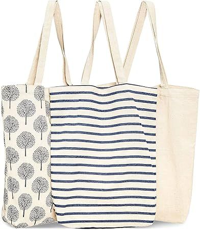 Juvale 3-Pack Reusable Cotton Grocery Shopping Tote Bags, 3 Designs, 15 x 16.5 x 3.5 Inches | Amazon (US)