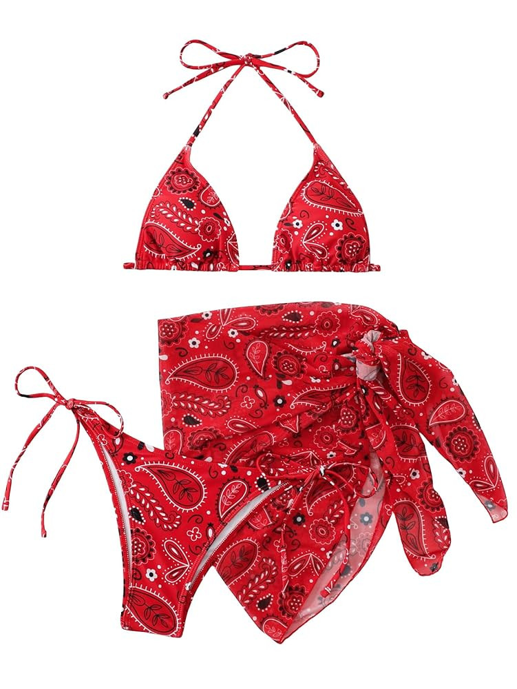 SOLY HUX Bikini Sets for Women Paisley Print Halter Triangle Bathing Suit 3 Piece Swimsuit with S... | Amazon (US)