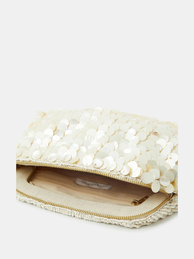 Accessorize Cream Pearl Shell Embellished Clutch Bag | Next EU