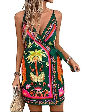 RoseSeek Women's Tropical Print Cami Dress Sleeveless Wrap V Neck Tie Knot Boho Short Dresses | Amazon (US)