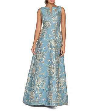 Guiletta Metallic Jacquard Floral Sleeveless Split V-Neck Side Seam Pocket A-Line Long Gown | Dillard's